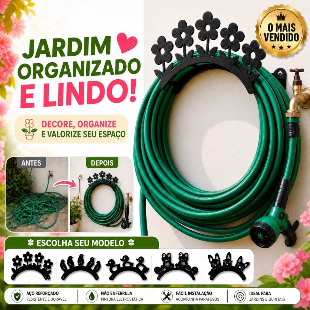 Suporte para Mangueira de Jardim em Aço Carbono | Porta Mangueira de Parede Decorativo Floral | Organizador Enrolador