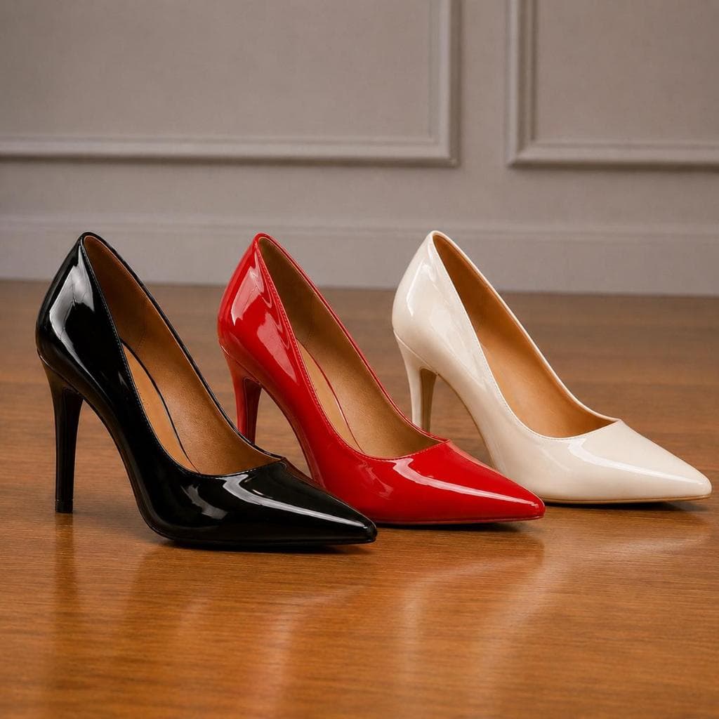 Combo 3 Pares Preto/Vermelho/Off White Scarpin Feminino Salto Alto Verniz Elegante Confortável Social