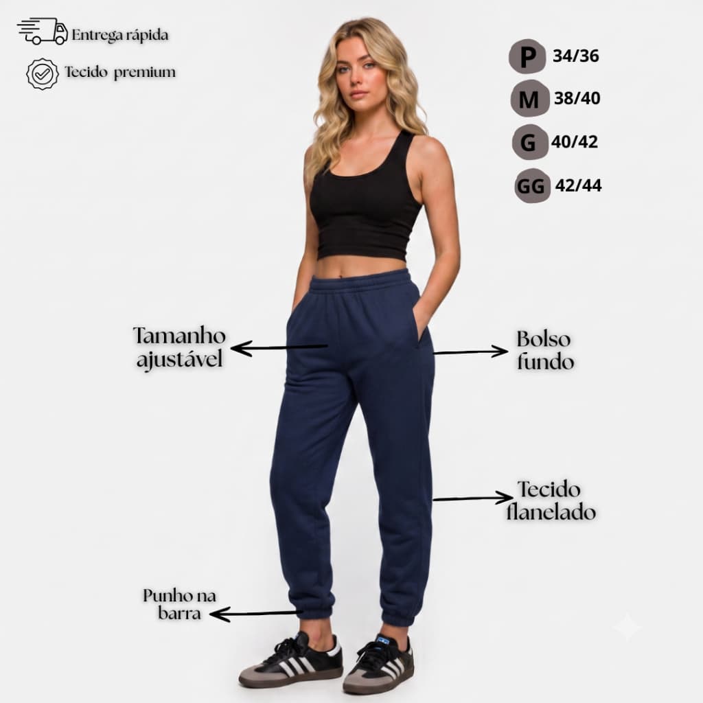 Calça Moletom Com Bolso Feminina Cintura Alta Com Cadarço Peluciada Flanelada Punho Jogger Casual