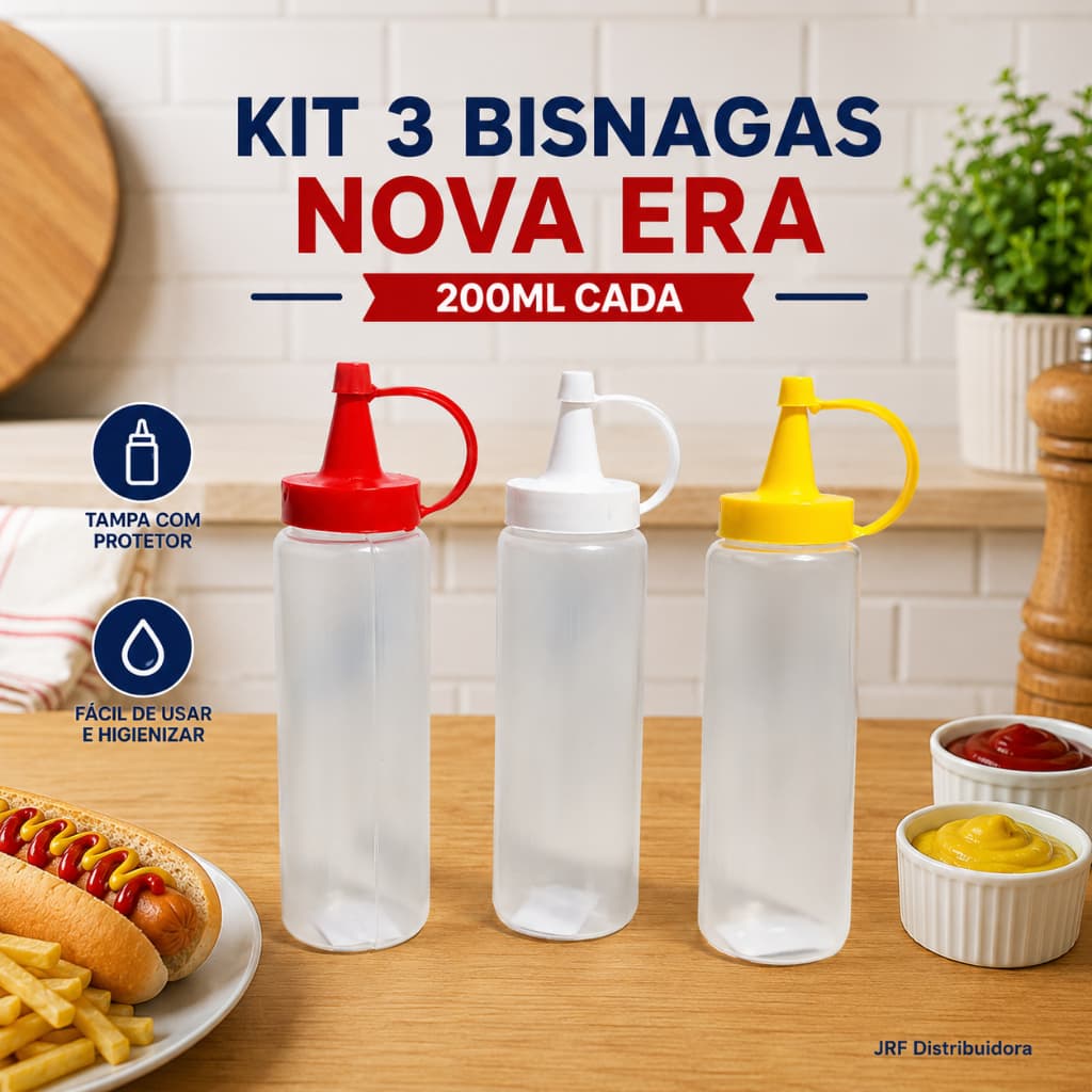 Kit 3 Mostardeiras 200ml Nova Era Bisnaga para Molhos Ketchup Mostarda Cores Variadas
