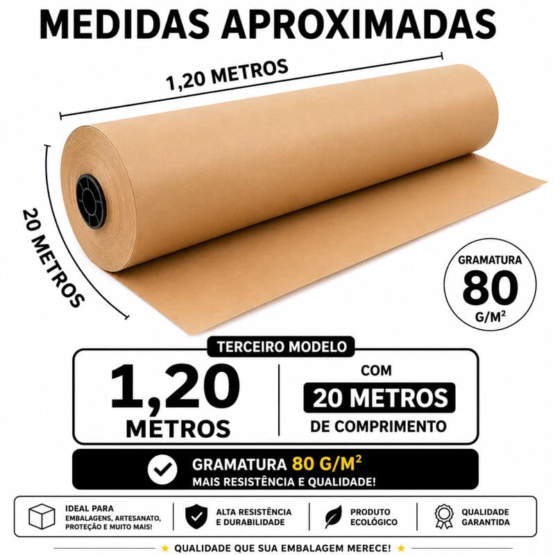 Bobina Papel Kraft Pardo 1,20cm x 20m 80g- Embalagem Resistente para Envio, Mudança e Artesanato.