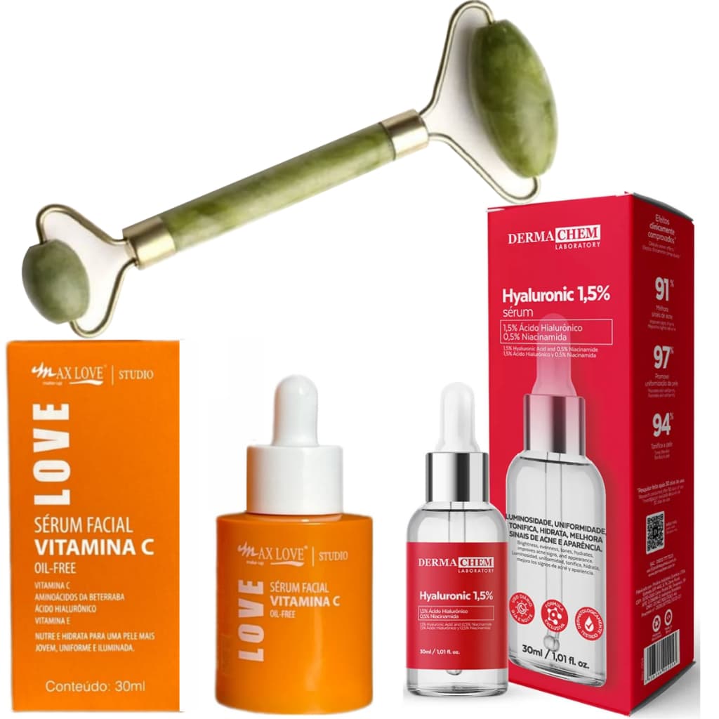 Kit Rolinho de Jade Com Ácido Hialurônico 1,5% Vitamina C Combate Previne Rugas Linha de Expressão