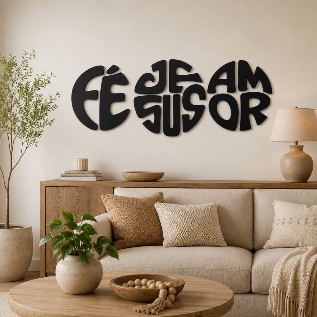 Kit 3 Quadros Decorativos Fé, Jesus e Amor em MDF — 20 cm cada