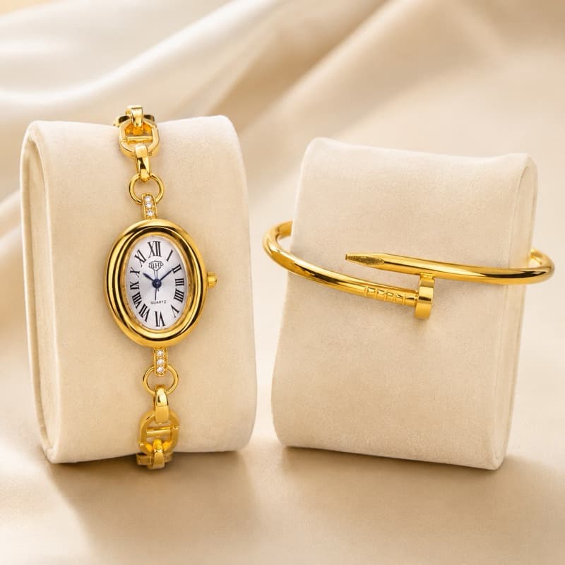Relógio Feminino Luxo Com Bracelete Aço Inoxidável À Prova D'Água Pulseira Ajustável Elegante