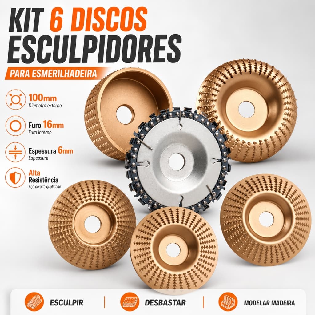 Back Field Kit 6 Disco Desbaste E Corte Madeira 100mm/75mm P/ Esmerilhadeira Furo 16/22mm