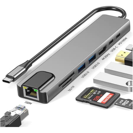 Hub USB-C 8 em 1 com HDMI 4K, RJ45, Leitor SD/TF, USB 3.0, Tipo-C PD – Adaptador para MacBook, Notebook, PC