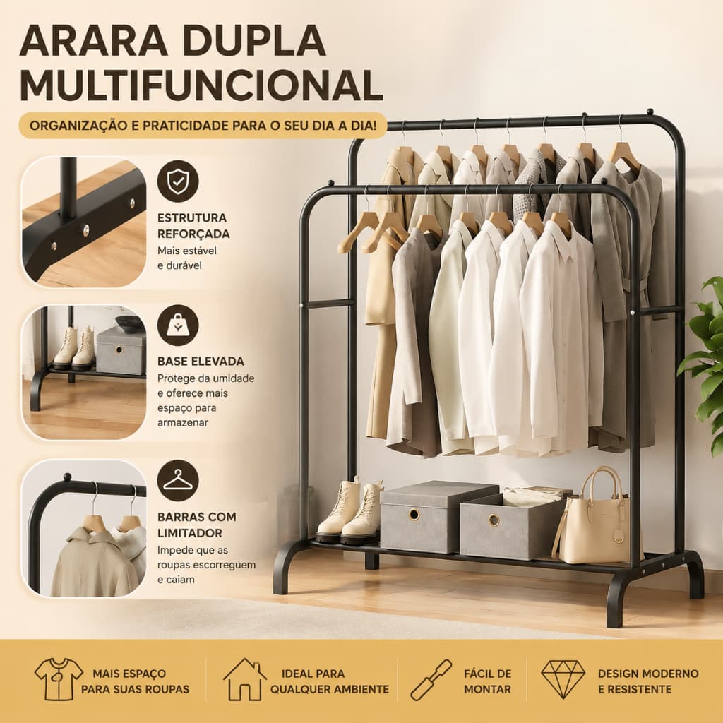 Arara De Roupas Dupla Cabideiro Reforçado Aço Suporta Até 90kg Organizador Com Prateleira