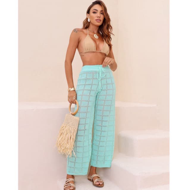 Calça Saida De praia Feminina em Tricô Vazado Moda Praia Cintura Alta com 100% Poliéster Verão