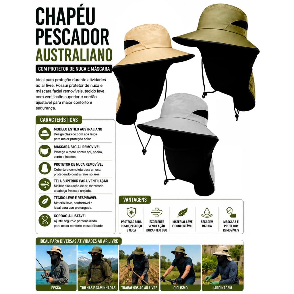 Chapéu Pescador Australiano com Máscara Facial Protetor de Nuca para Pesca Camping Trilha