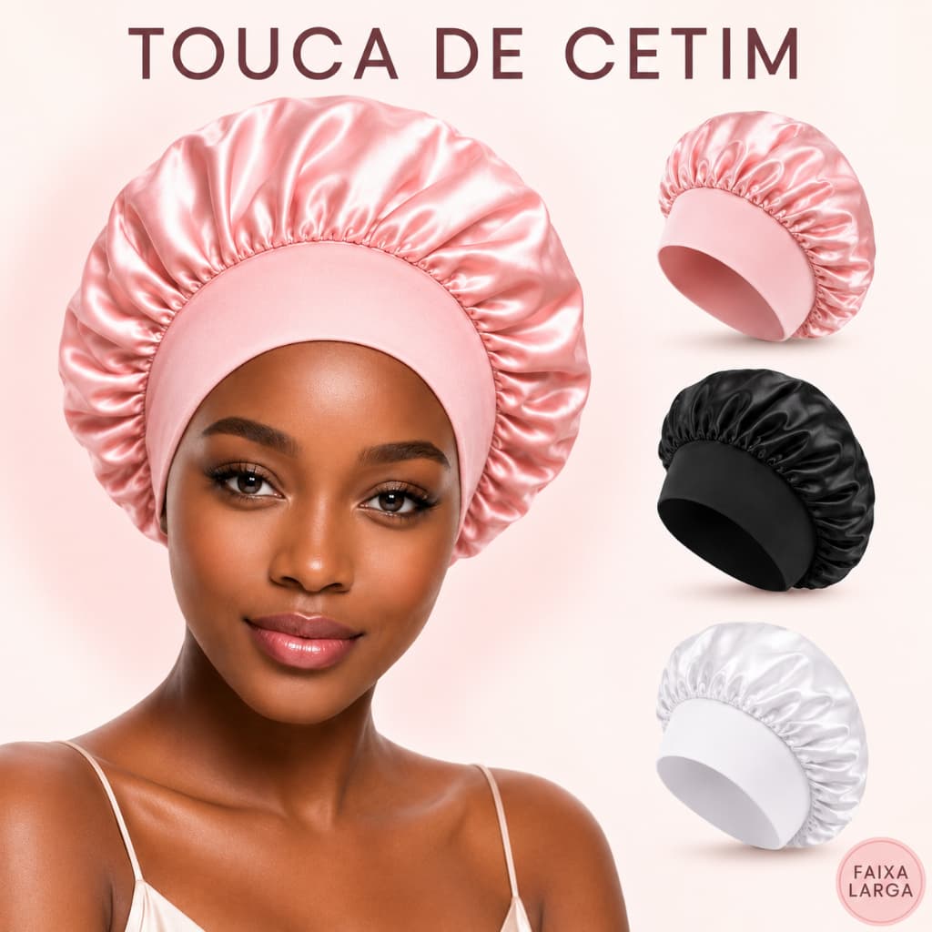 Touca de Cetim Anti Frizz Grande Para Dormir com Faixa Confortável Cabelo Cacheado