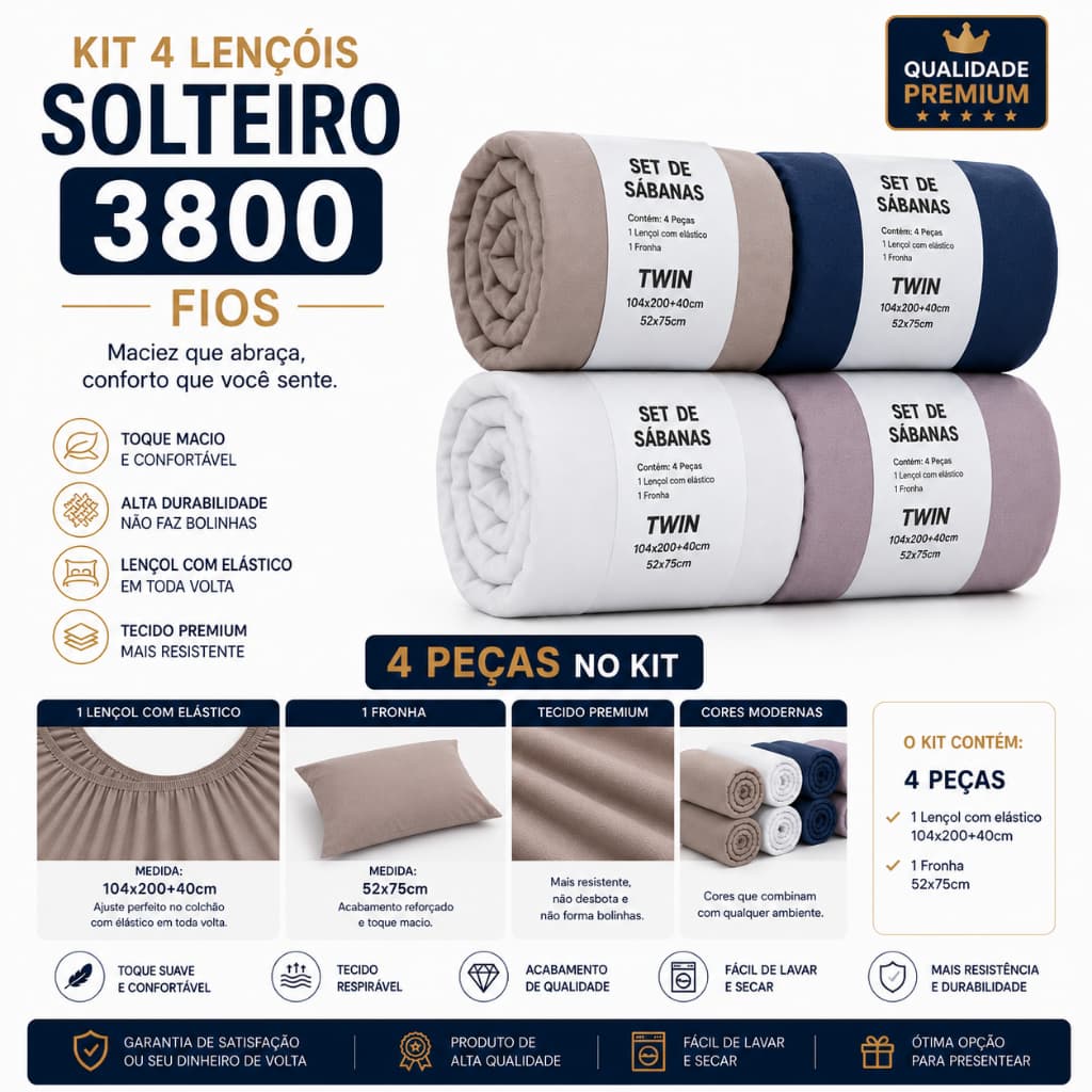 Kit de Lençol Solteiro cores3800 Fios – 4 Peças | Lençol com Elástico + Fronha