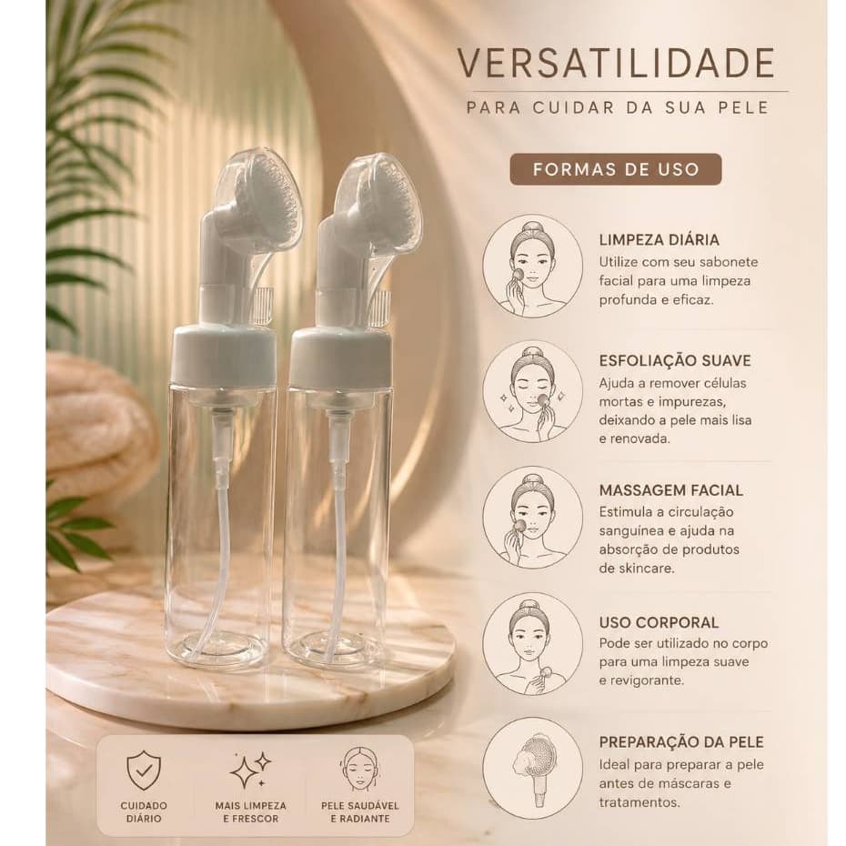 Frascos Pump Espumador Com Escova De Silicone Para Limpeza Facial Skin Care 200ml