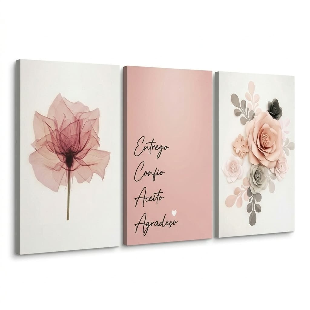 Kit Quadros Decorativos Mosaico 3 Peças Trio Frase Salmo Entrego Confio Aceito Agradeço Fé Família