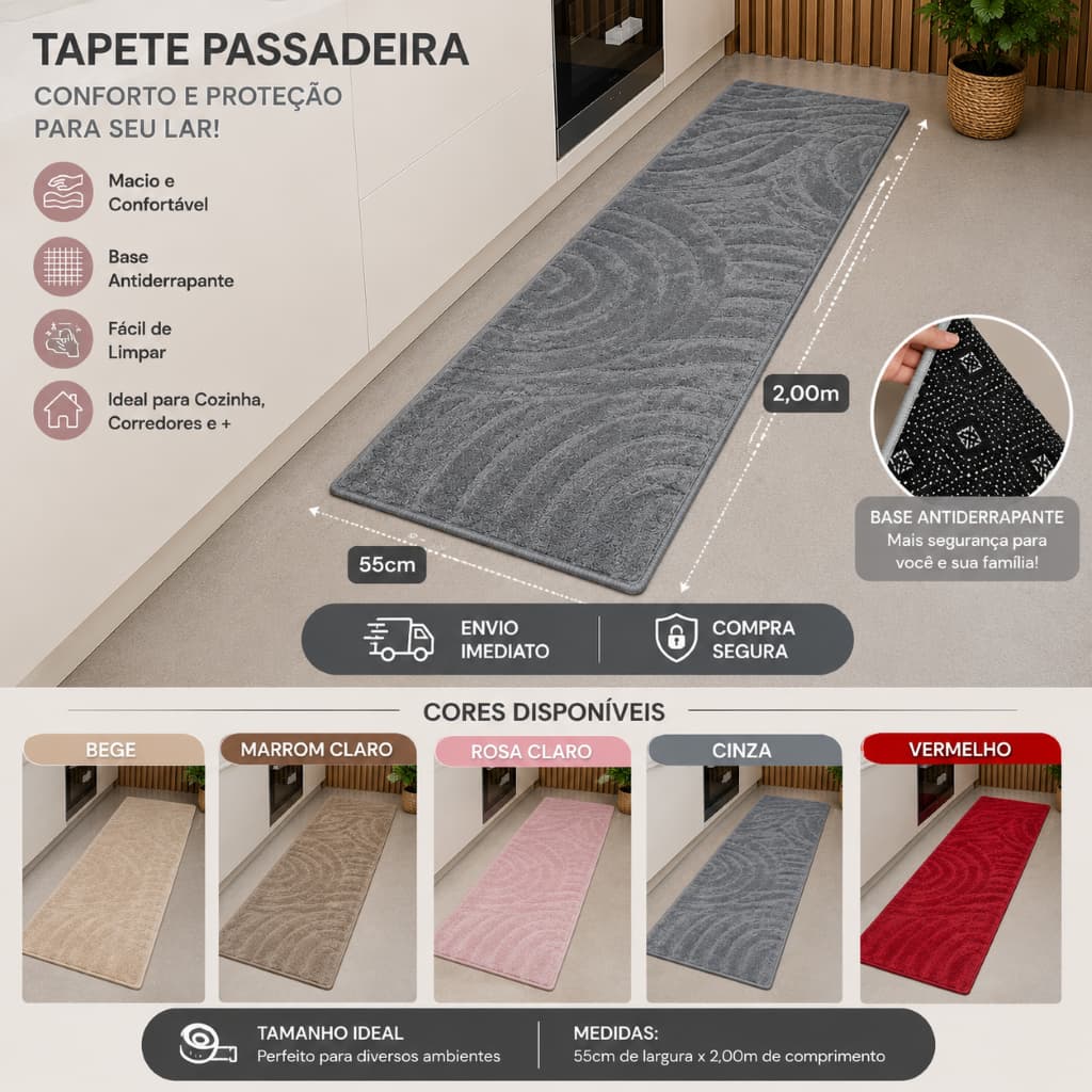 Tapete/ Passadeira Premium Antiderrapante 55cm e 2 mm, Lindo para Cozinha e Elegante, Cores Variadas
