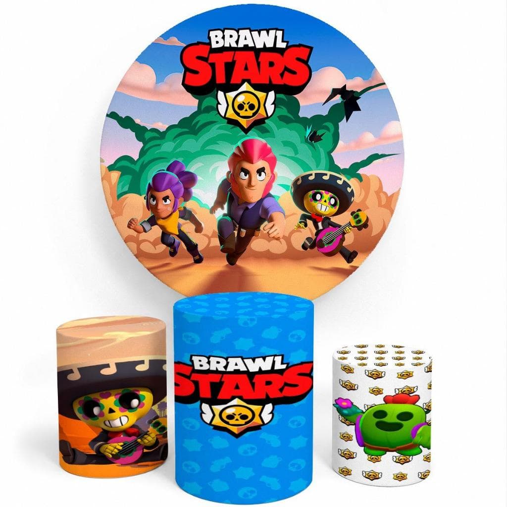 Kit Painel Decorativo + 3 Capas Cilindro Tema Brawl Stars Varios Temas Aniversário Festa