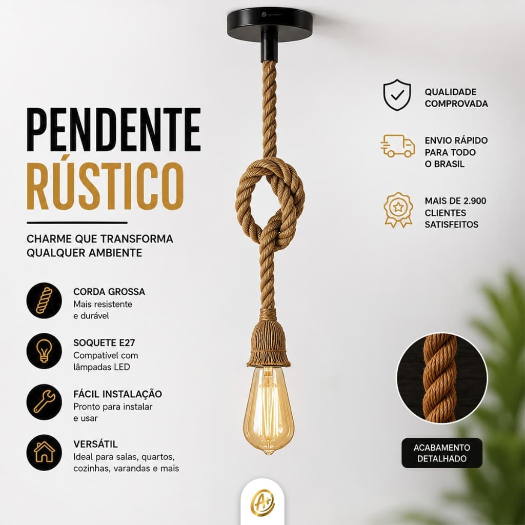 Kit 3 Pendente Corda Sisal 1.5 Metro Bivolt 110v 220v Vintage Rústico Retrô Decorativo Área Luminária Teto