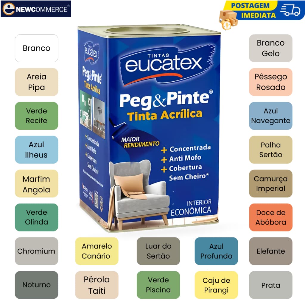 Tinta Acrílica Peg&Pinte 18L Antimofo Interior Eucatex - Escolha sua cor!