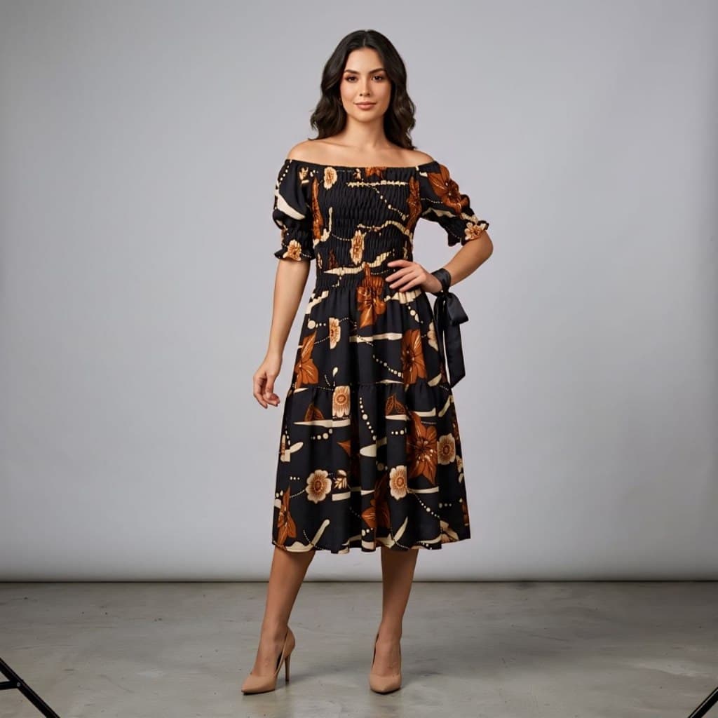 Vestido Midi Feminino Ombro a Ombro Estampado Lastex Manga Curta Casual Verão