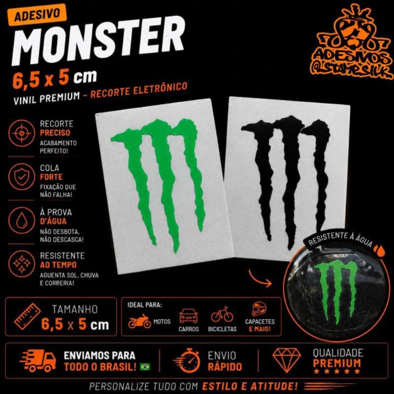 🔥 Adesivo MONSTER 6,5x5cm Vinil PREMIUM À Prova D'Água Recorte Eletrônico