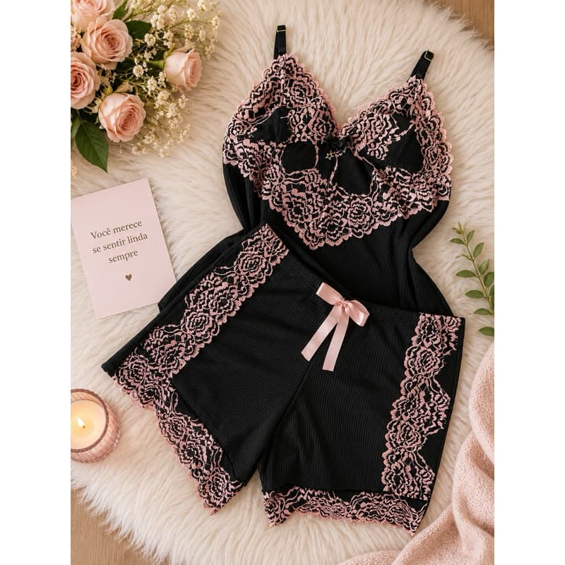 Baby Doll Feminino Renda Luxo Sensual Pijama Short Doll Alça Regulável Confortável M G GG