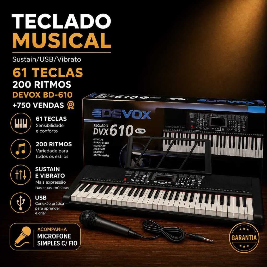 Teclado  Musical Sustain/USB/Vibrato 61 Teclas /200 Ritmos/Devox BD-610 +750 Vendas