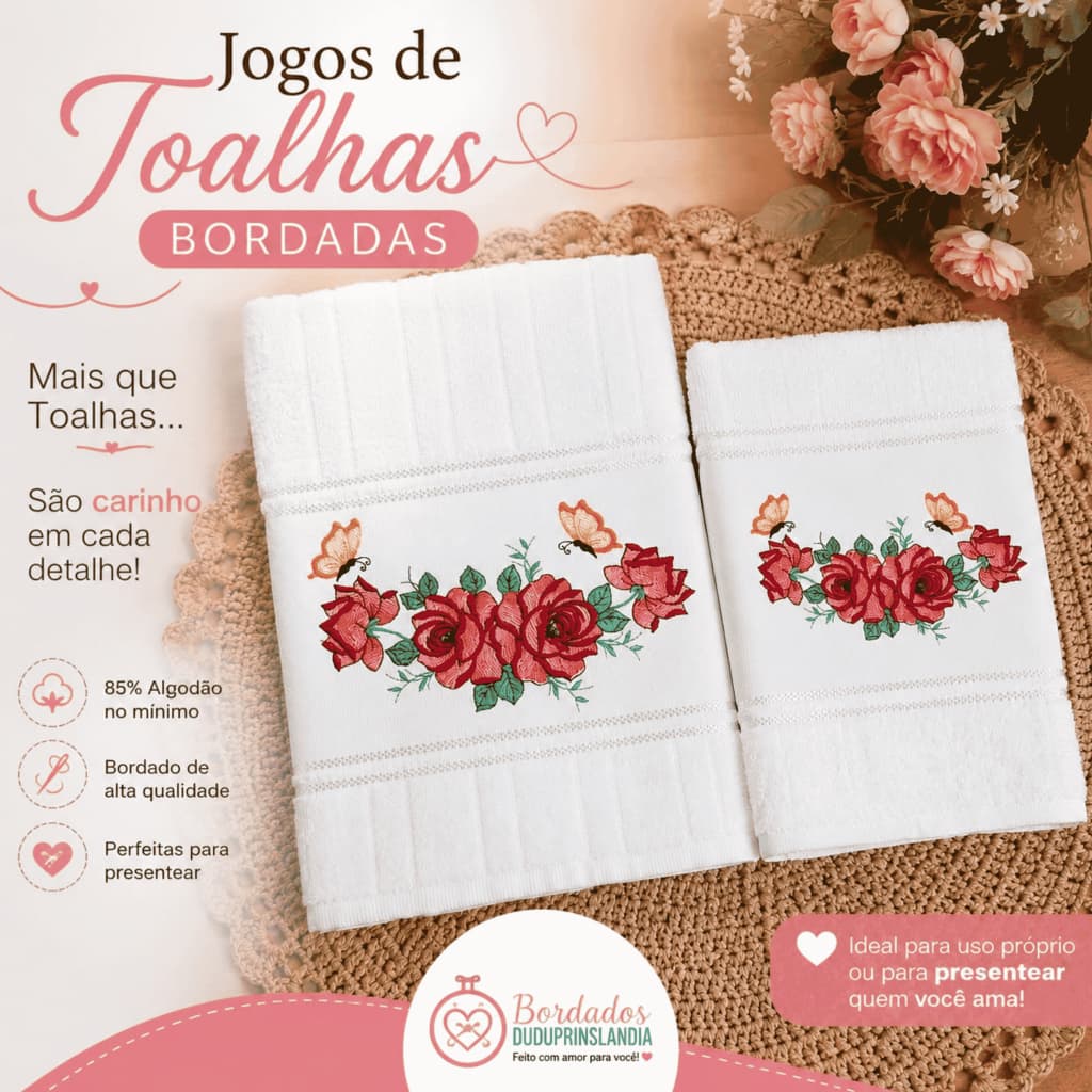 Jogo de Toalhas Lavabo e Rosto com Bordado Rosas e Borboletas - Jogo de Toalhas Döhler 2 peças Bordadas