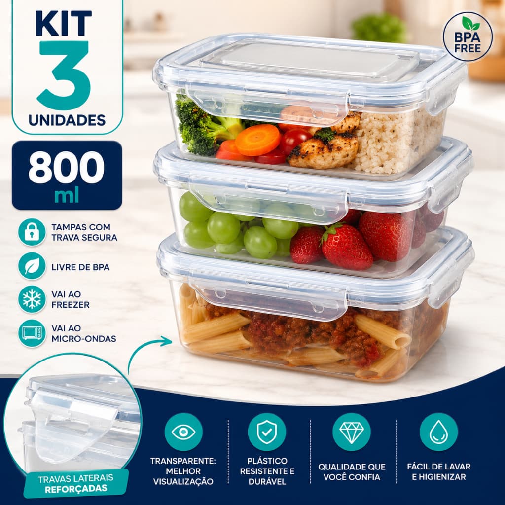 Kit 3 Potes Marmita Fitness 800ml com Trava Hermética Freezer Micro-ondas Organizador de Alimentos