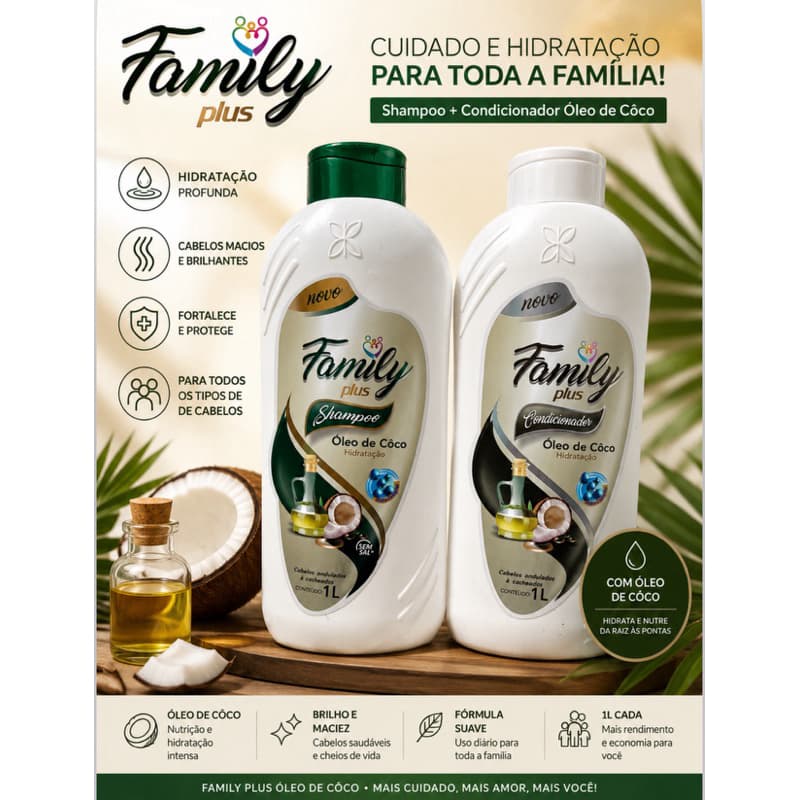 🥥 Kit Shampoo + Condicionador Family Plus Óleo de Coco 1L cada | Hidratação Intensa