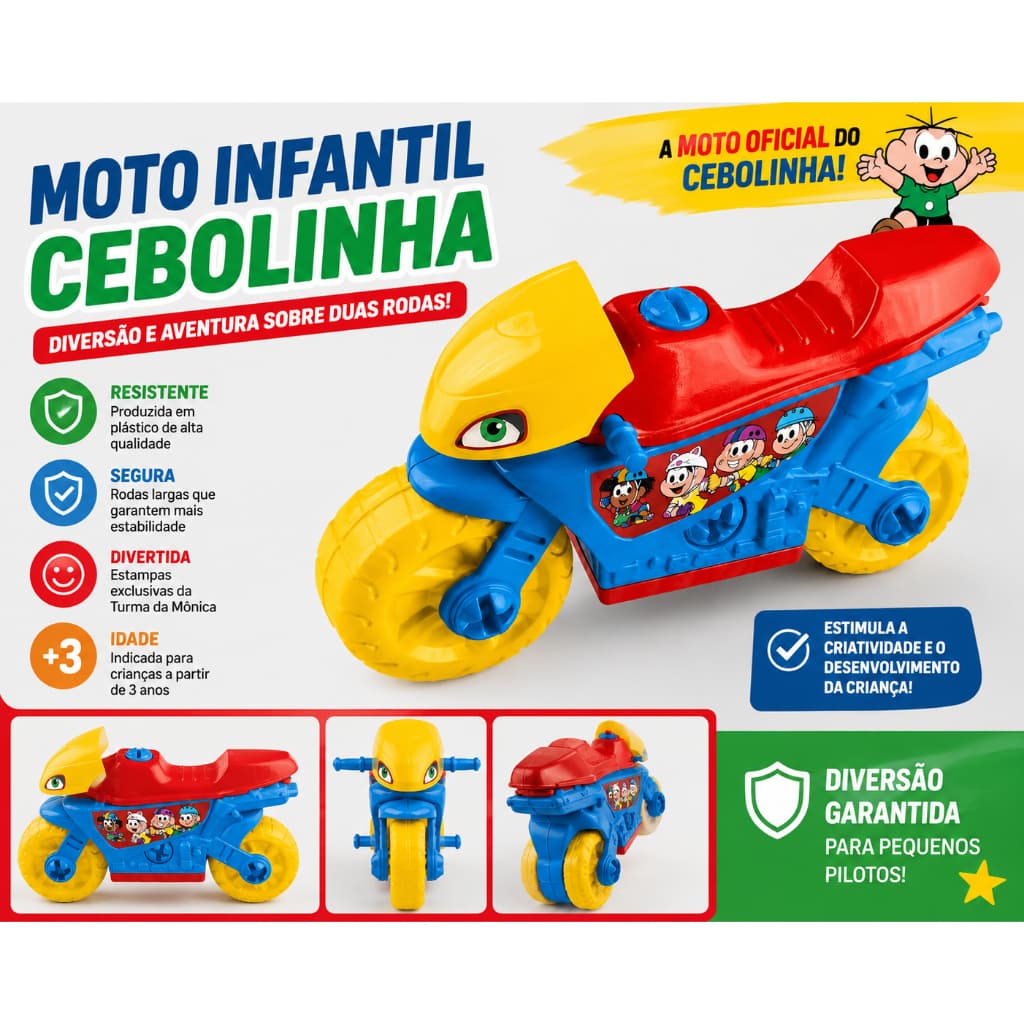 Moto Infantil Cebolinha Turma da Mônica | Brinquedo Educativo +3 Anos | Plástico Resistente | Com Adesivos | Certificada