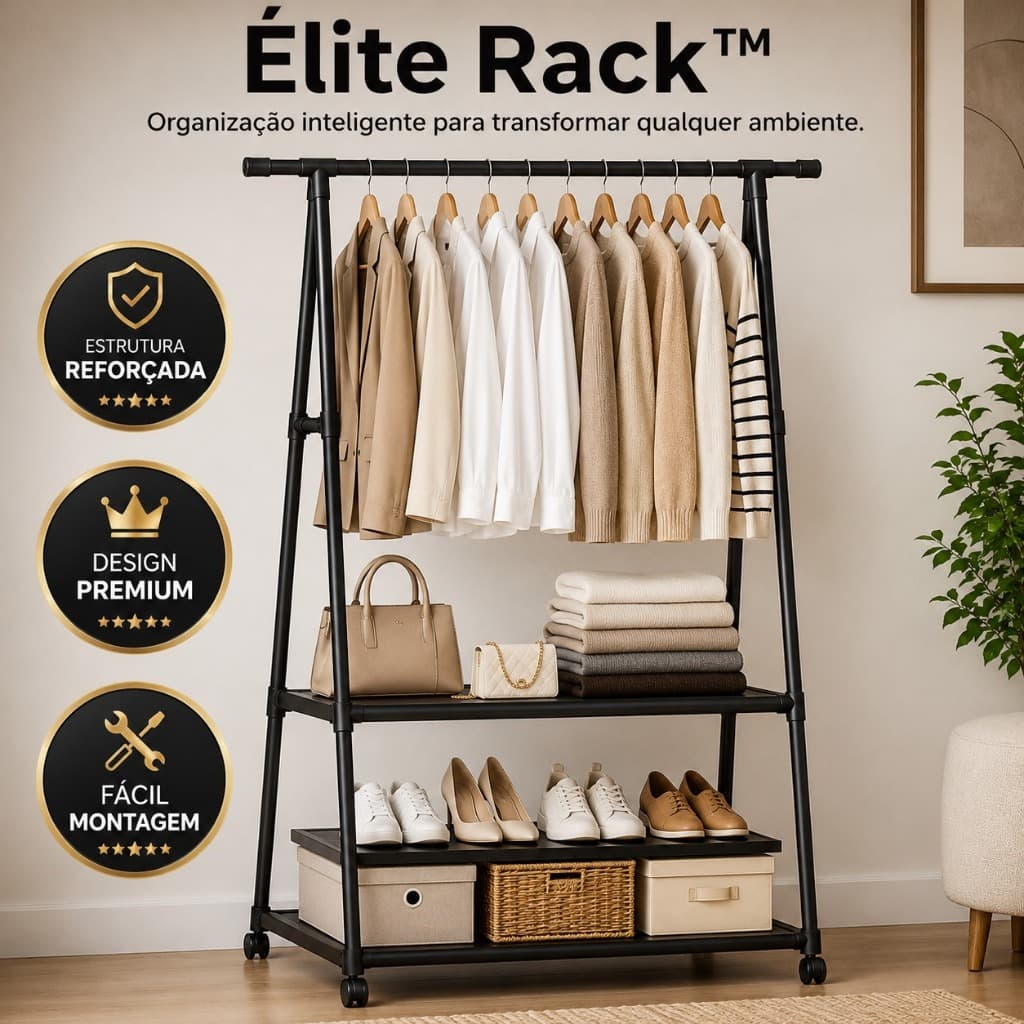 Arara de Roupas Multiuso Élite Rack™ com Prateleiras Cabideiro Organizador Closet em Metal Preto Resistente 160cm