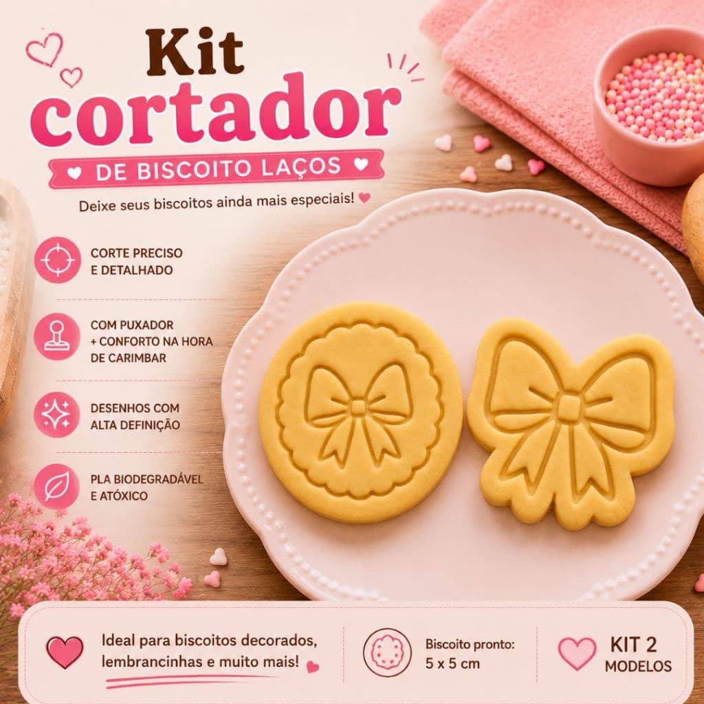Kit 2 Cortadores Laço + 2 Carimbos  Biscoito, Fondant, Biscuit, Massa de Modelar,Pasta Americana.