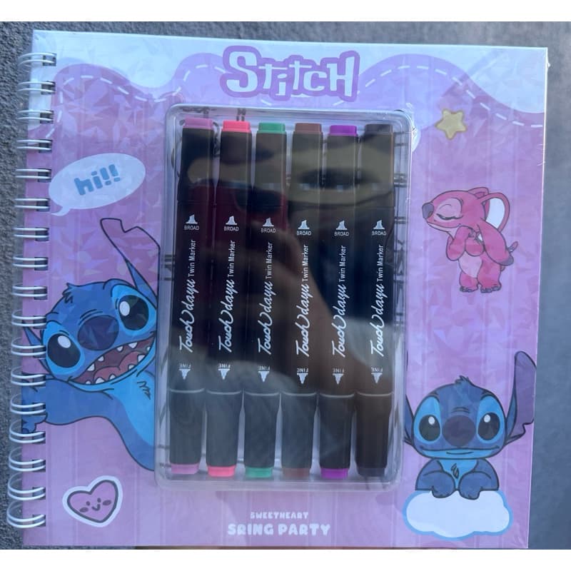 Livro Colorir Stitch + 6 Cores canetas Touch Dupla Ponta 2EM 1 Stitch Caderno de Pintura