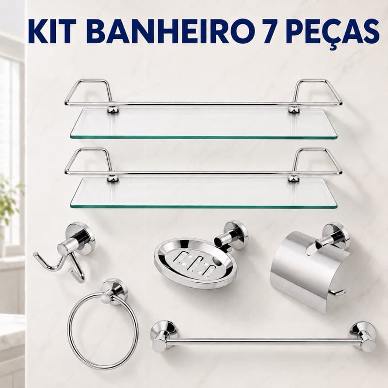 Kit Acessórios Banheiro 5 Peças Inox + 2 Porta Shampoo Reto Lavabo