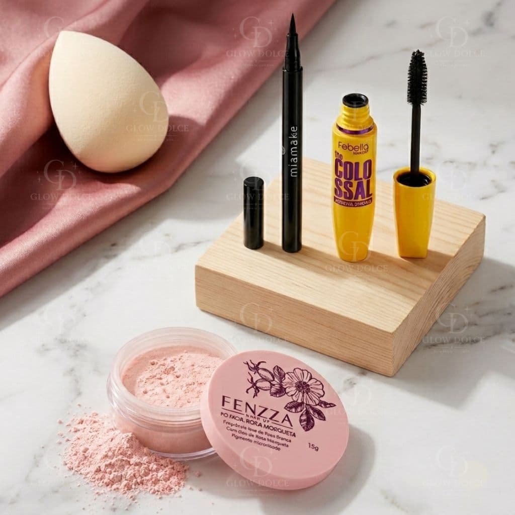 Kit Maquiagem, Máscara de Cílios + Delineador Caneta + Pó Translucido + Esponja - Kit 4 Itens de Maquiagem