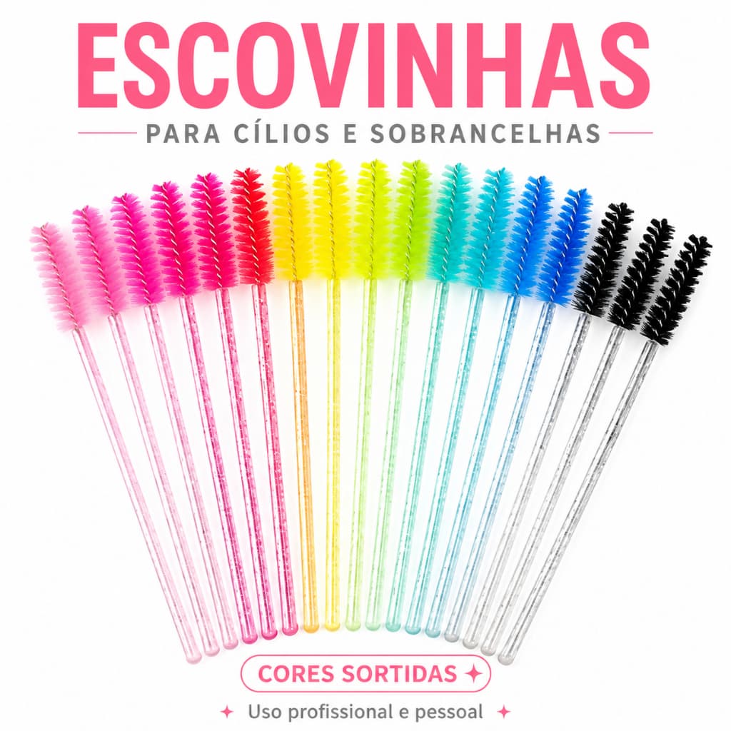 Kit 50/100/150/200/300 Escovinhas Descartáveis para Extensão e Alongamento de Cílios e Sobrancelhas com Glitter