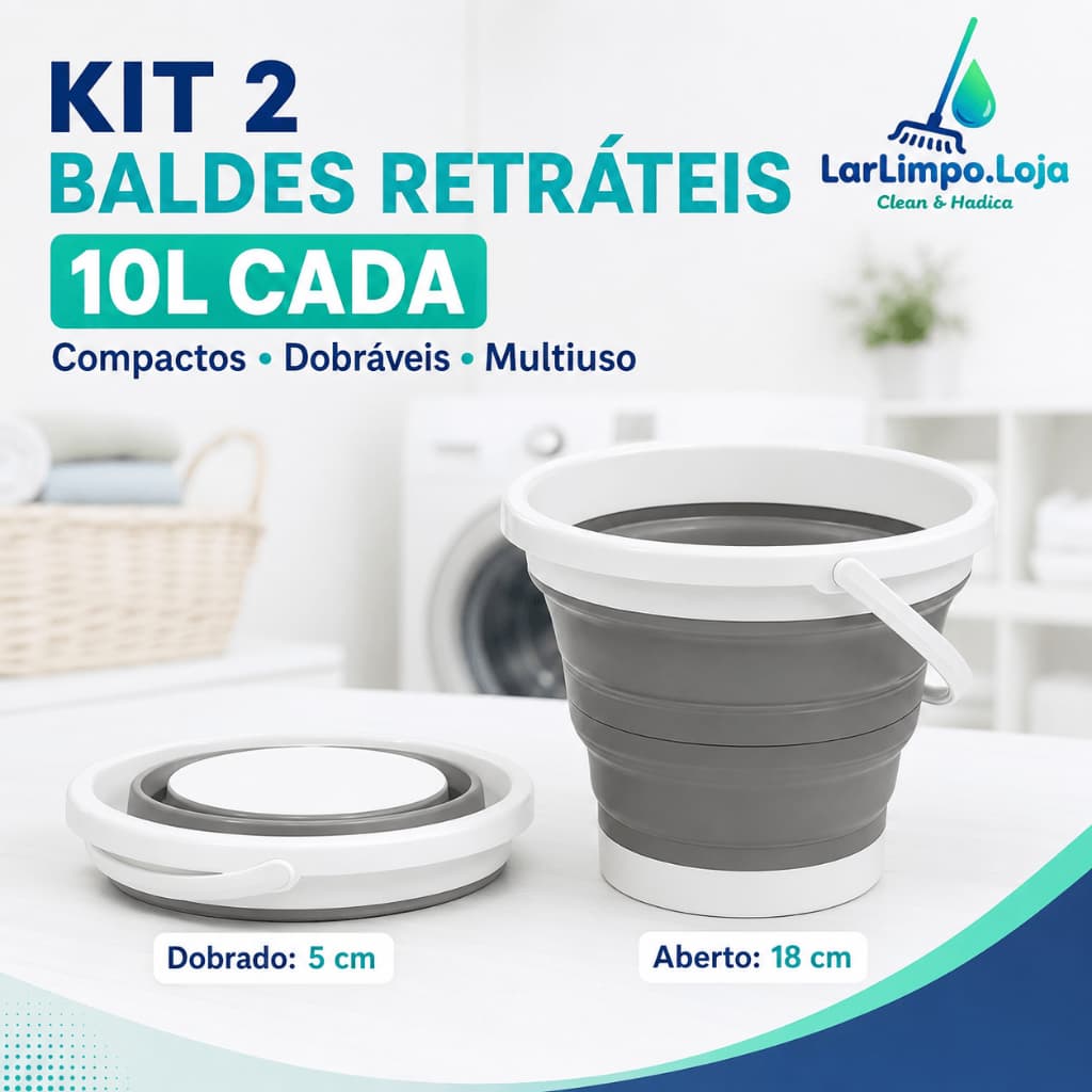 2 Baldes Retráteis Redondos 10L Cada em Silicone com Alça, Compactos e Multiuso