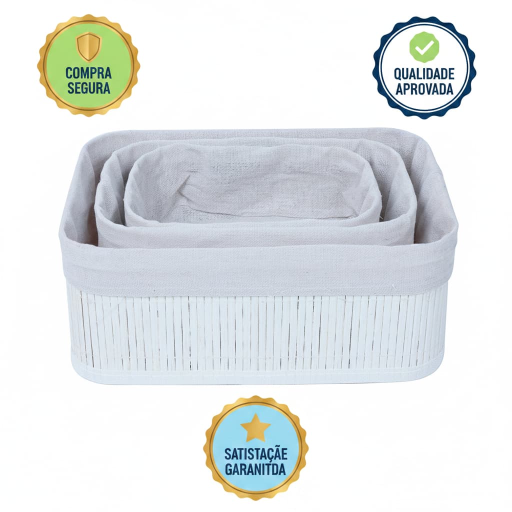 Kit 3 Cestos Organizadores Bambu Branco Elegancia Organizacao Praticidade