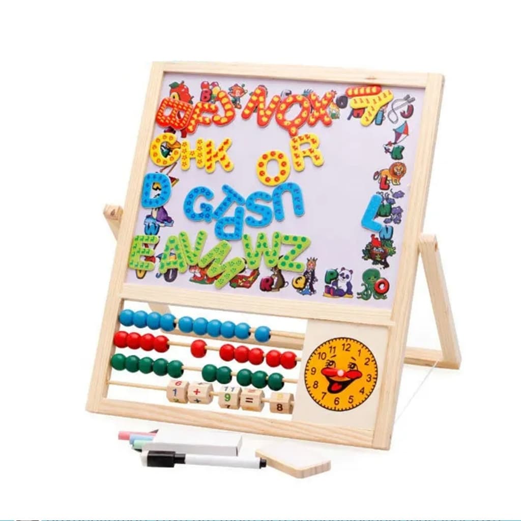 Cavalete Infantil Madeira Dupla Face: Lousa Giz/Branca, Magnético Letras/Números, Ábaco, Relógio - Brinquedo Educativo