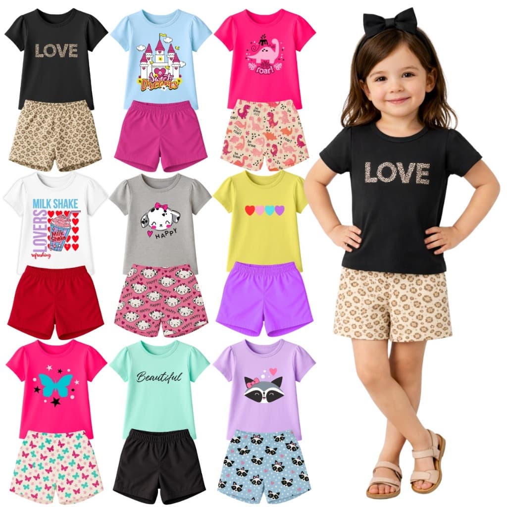 Kit Roupa Infantil Menina Verão 6 Peças 3 Conjuntos Dia a Dia