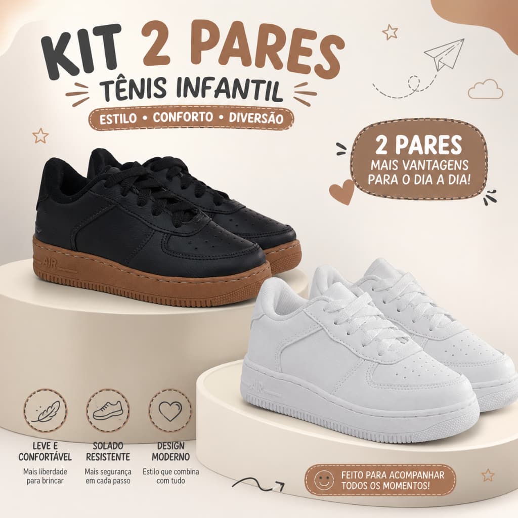 Kit 2 Pares Tênis Infantil Menino e Menina Casual Confortável