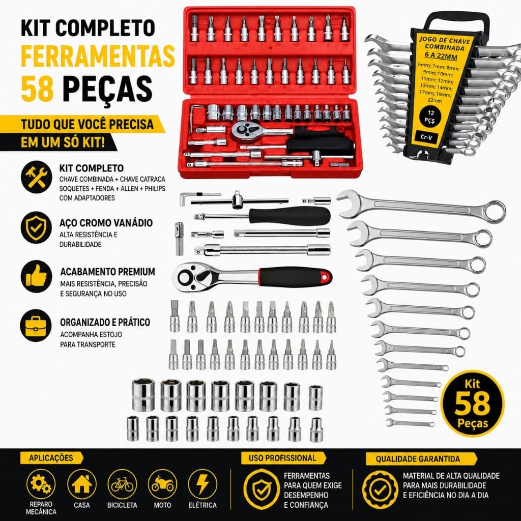 Jogo De Chave Soquete Catraca Chave Combinada Soquetes Fenda Philips Torx Allen Kit Ferramentas Completo Aço Crv 58 Pçss