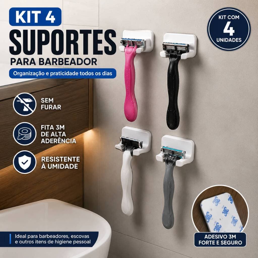 Suporte para Barbeador de Parede Adesivo Sem Furo | Organizador para Banheiro | Kits