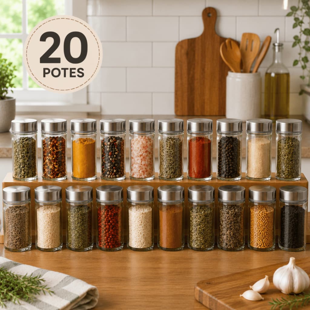 Kit 20 Potes Porta Temperos de Vidro com Tampa Inox Hermética Organizador para Cozinha Premium