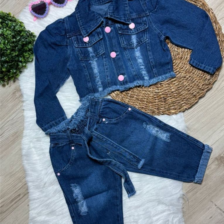 Conjunto Jeans Molinho 2 Peças ( Jaqueta Jeans e Calça Capri Laço) 01 a 03 anos Meninas