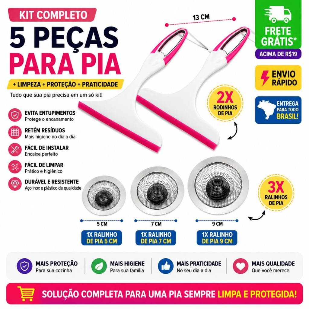 Kit 5 Peças Ralo de Pia Anti Entupimento 5cm 7cm 9cm + 2 Rodos de Pia 13cm Limpeza Cozinha Premium
