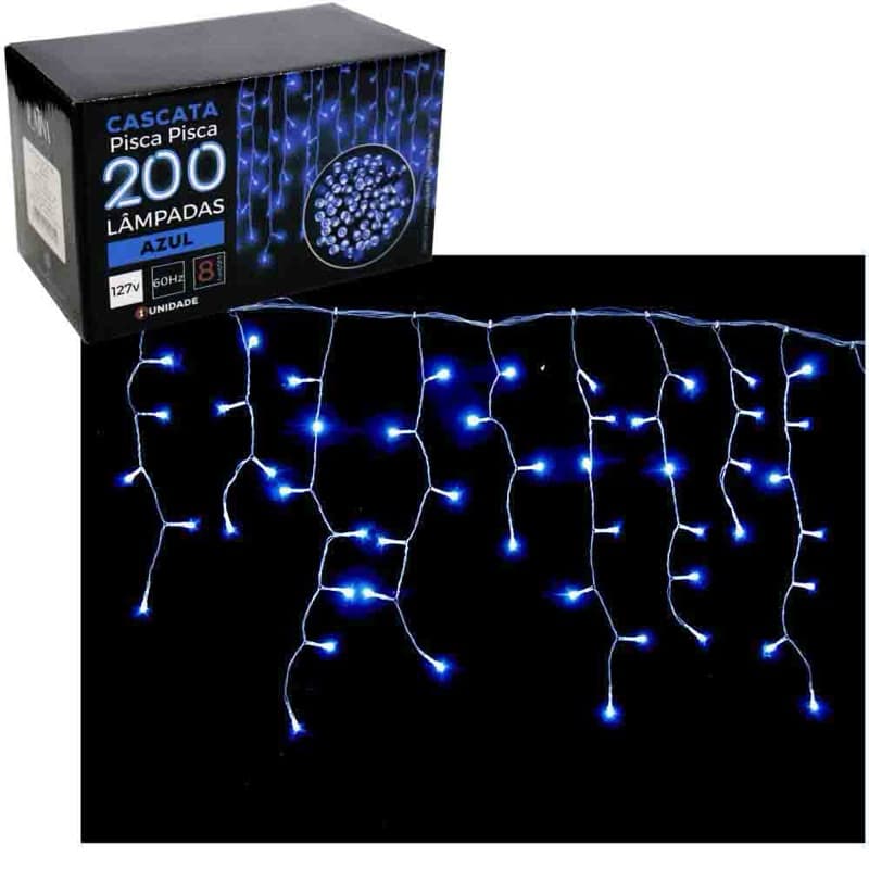 CASCATA 200 LEDS AZUL DE NATAL 127V 3,8M 8 FUNCOES