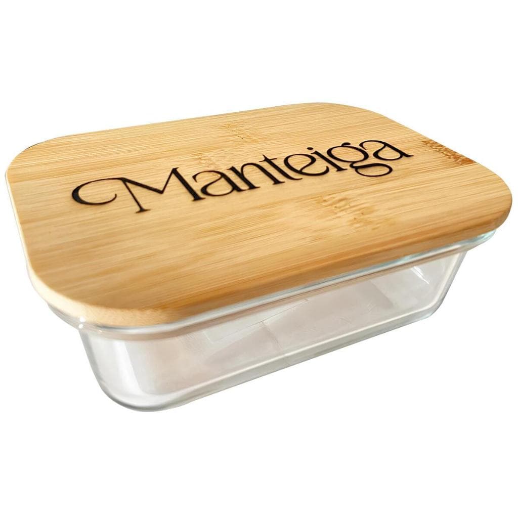 Manteigueira Vidro com Tampa Hermética de Bambu Exclusiva Resistente