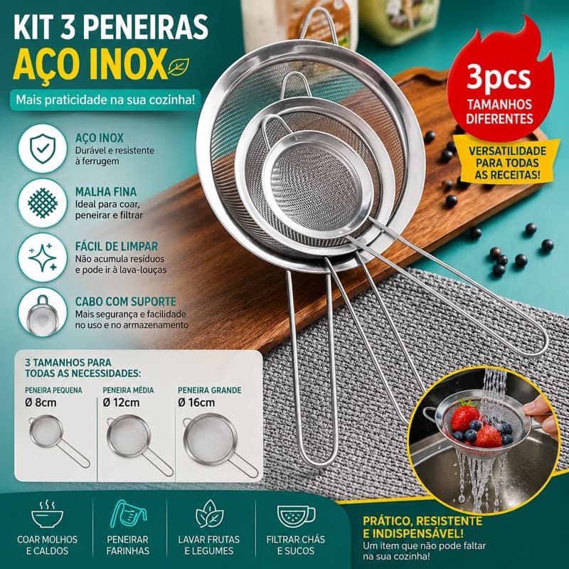 Kit 3 Peneiras de Aço Inox com Cabo – Malha Fina – 3 Tamanhos para Coar, Peneirar e Filtrar