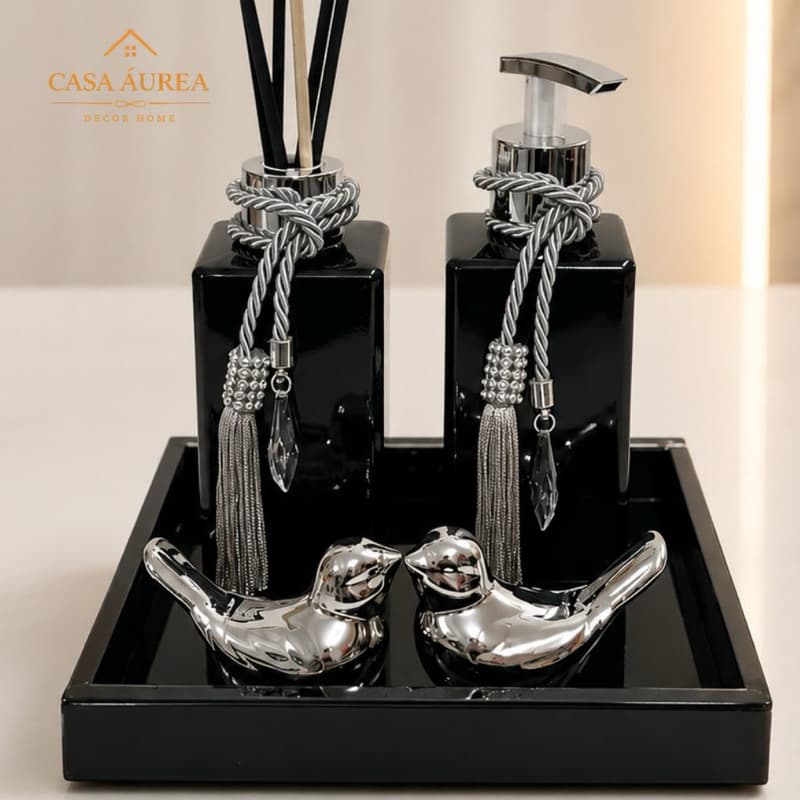 kit Aromatizador Lavabo e Banheiro Preto Cromado Premium Difusor Varetas 250ml Dispenser Sabonete Cheirinho Banheiro.