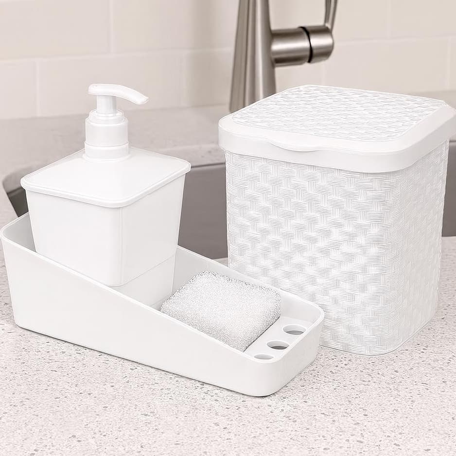 Kit Lixeira 4L para Pia com Porta Detergente Bucha para Cozinha Area de Lazer Cor Branca